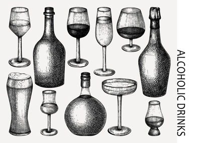 Alcoholic drinks glasses and bottles hand-drawing. Hand-sketched beverages set. Wine, champagne, brandy, whiskey collection. Vintage drinks vector illustration isolated on white background